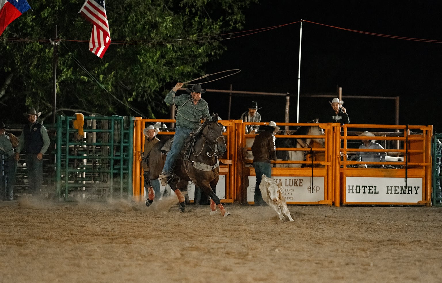 Two mounted team ropers follow a steer across the nighttime rodeo arena